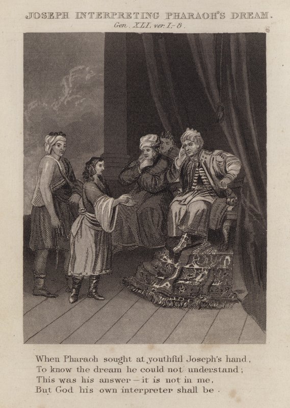 Joseph deutet den Traum des Pharao, Genesis XLI, Vers 1-8 von English School