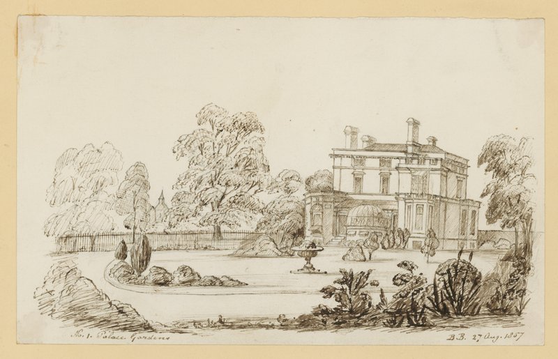 Kensington Palace Gardens; datiert 27. August 1857 von English School