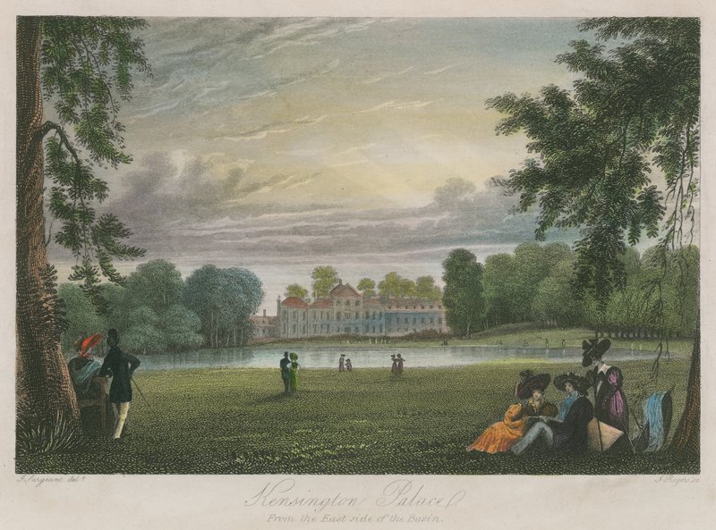 Kensington Palace, London, von der Ostseite des Beckens von English School