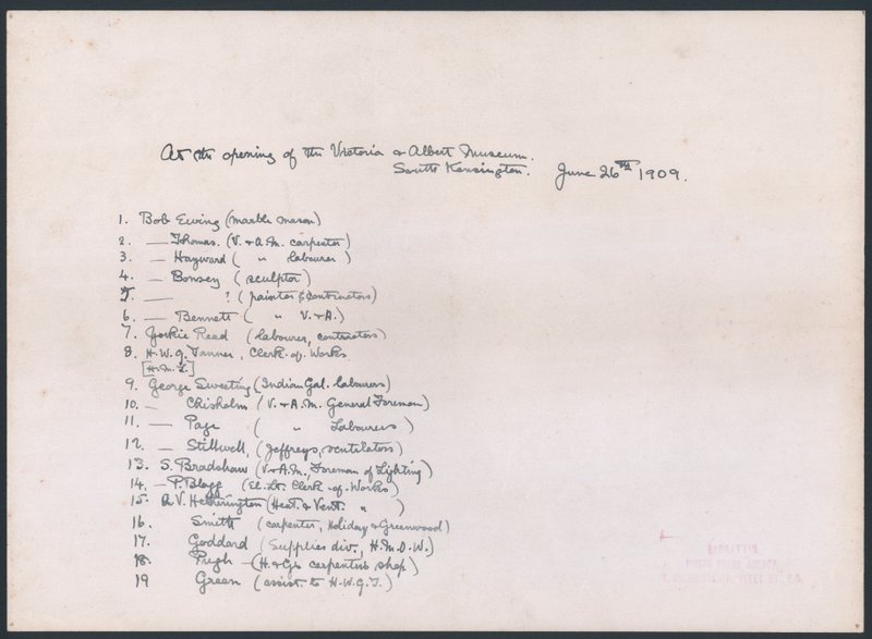 Schlüssel zu einem Foto einer Gruppe von Arbeitern, die die Adresse an König Edward VII. bei der Eröffnung des Victoria and Albert Museums überreichten von English School