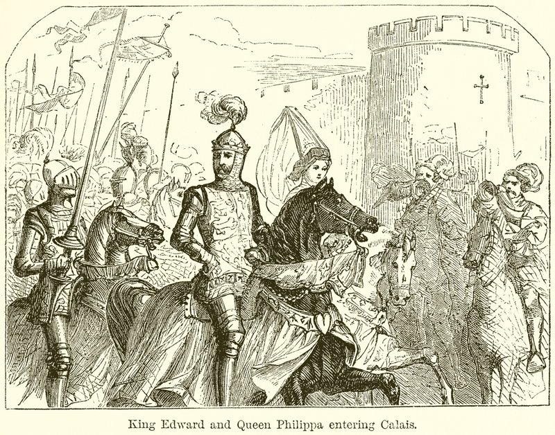 König Edward und Königin Philippa betreten Calais von English School