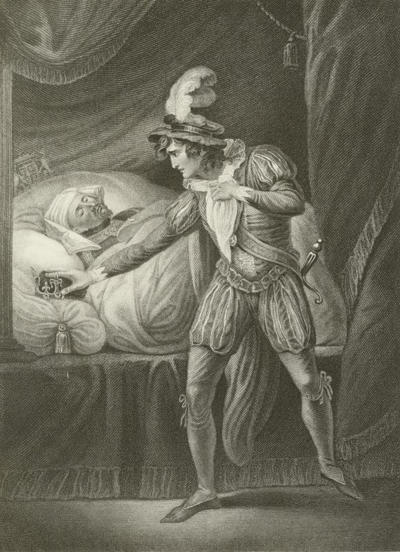 König Heinrich IV. und der junge Prinz Hal, kurz bevor er seine Krone nimmt von English School