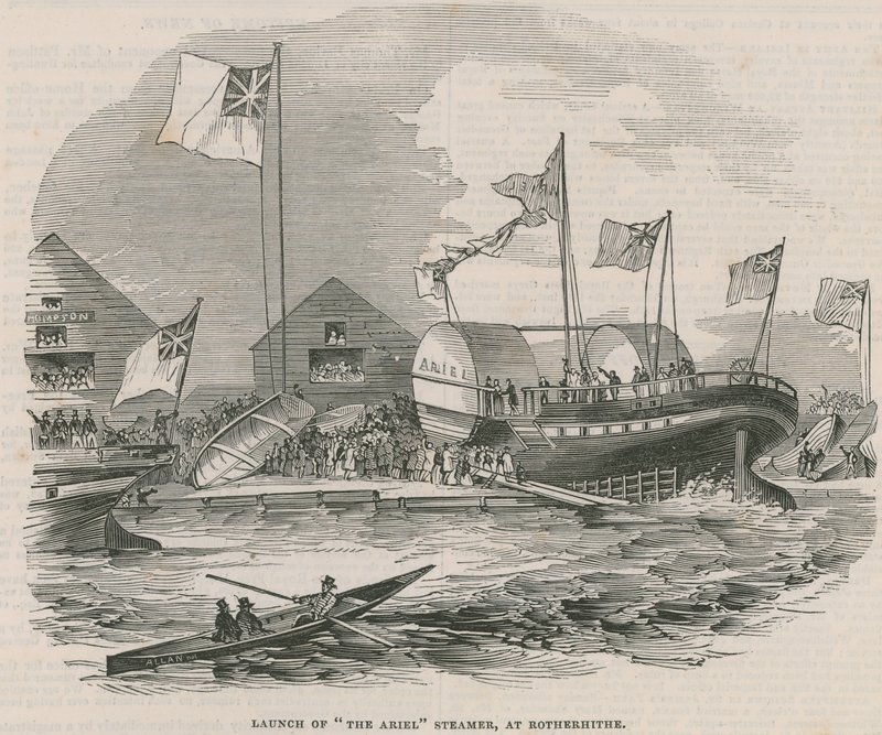 Stapellauf des Dampfers Ariel in Rotherhithe von English School