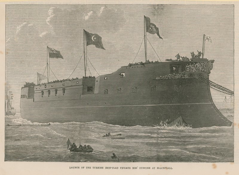 Stapellauf der türkischen Panzerschiff-Fregatte Mes Oudiyeh in Blackwall von English School