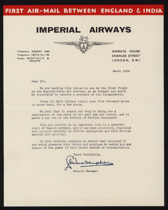 Start des ersten Luftpostdienstes zwischen England und Indien durch Imperial Airways im März 1929 (Lithografie) von English School