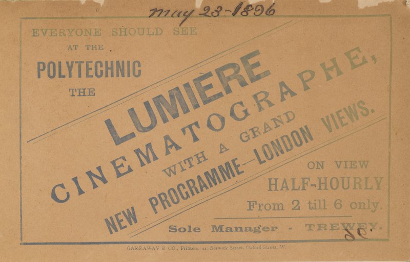 Flugblatt, das den Lumiere-Kinematographen bewirbt von English School
