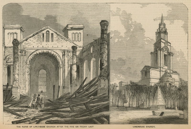Limehouse Kirche vor und nach dem Brand von English School
