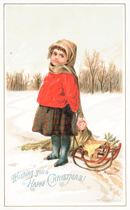 Kleines Mädchen neben einem Schlitten, Weihnachtskarte von English School