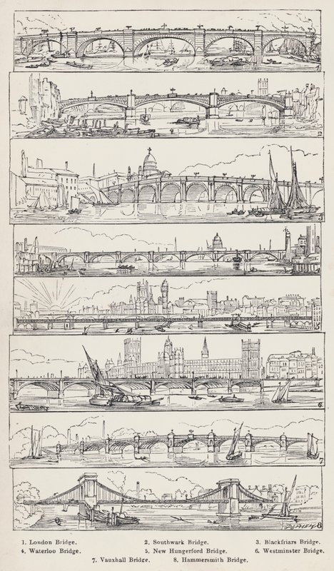 London Bridge, Southwark Bridge, Blackfriars Bridge, Waterloo Bridge, New Hungerford Bridge, Westminster Bridge, Vauxhall Bridge, Hammersmith Bridge (Stich) von English School