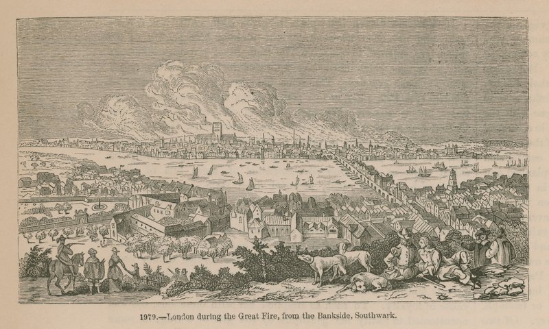 London während des Großen Brandes, von der Bankside, Southwark von English School