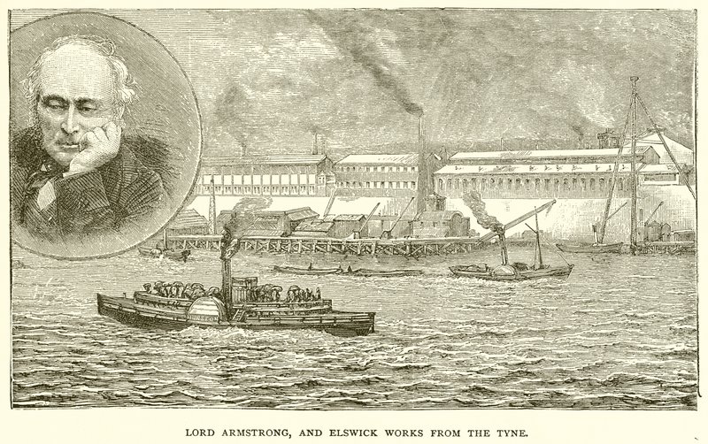 Lord Armstrong und Elswick-Werke vom Tyne aus von English School