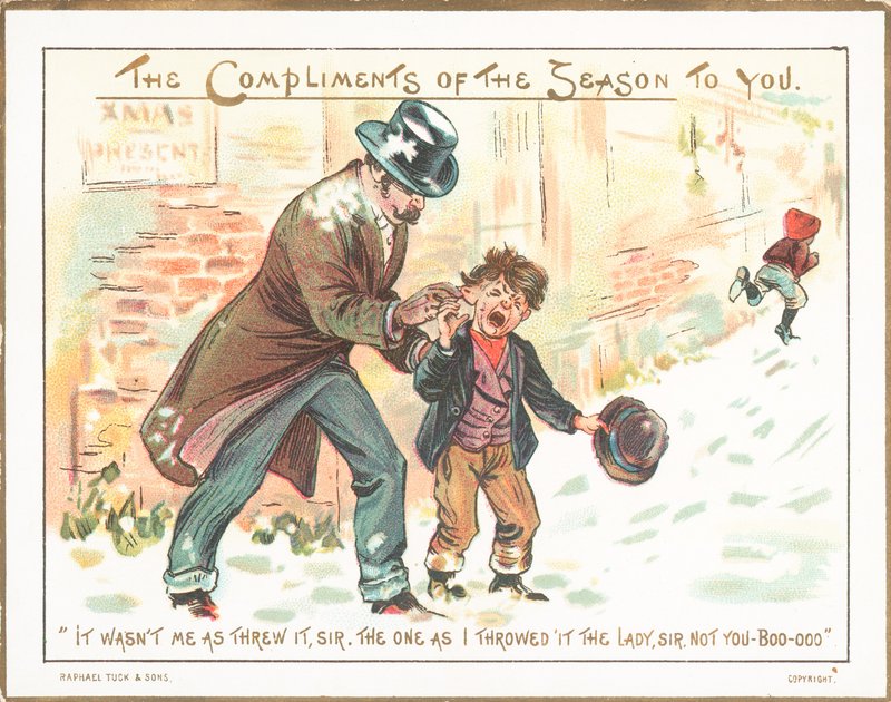 Mann schneidet Jungen Ohr, Weihnachtskarte von English School