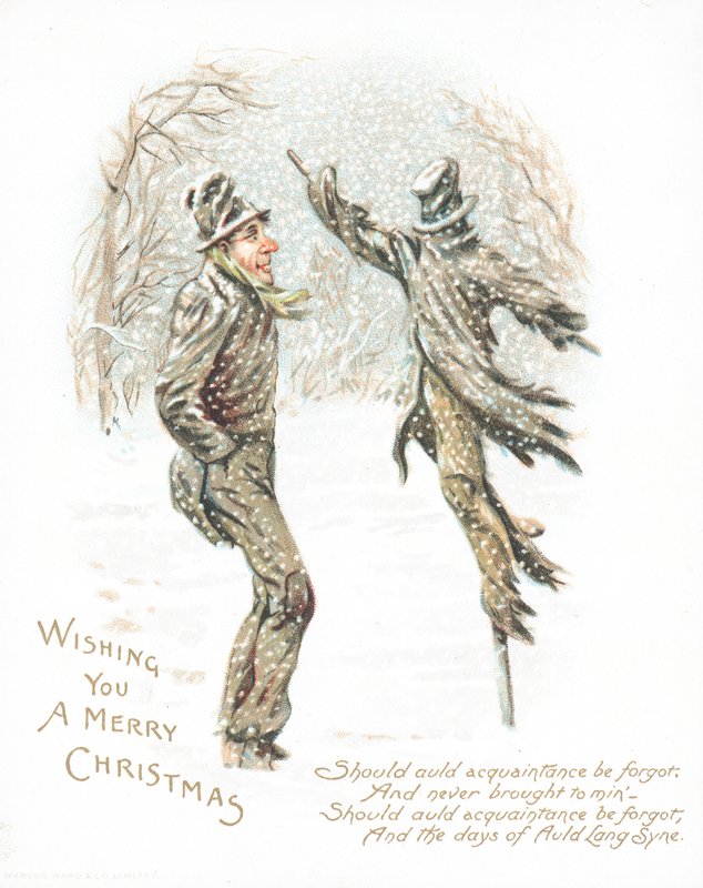 Mann schaut auf Vogelscheuche, Weihnachtskarte von English School