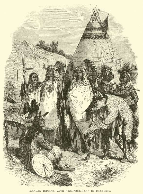 Mandan-Indianer mit Medizinmann im Bärenfell von English School