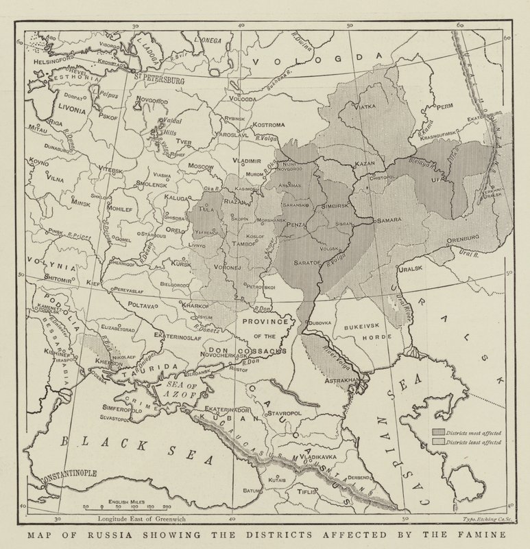 Karte von Russland mit den von der Hungersnot betroffenen Bezirken von English School