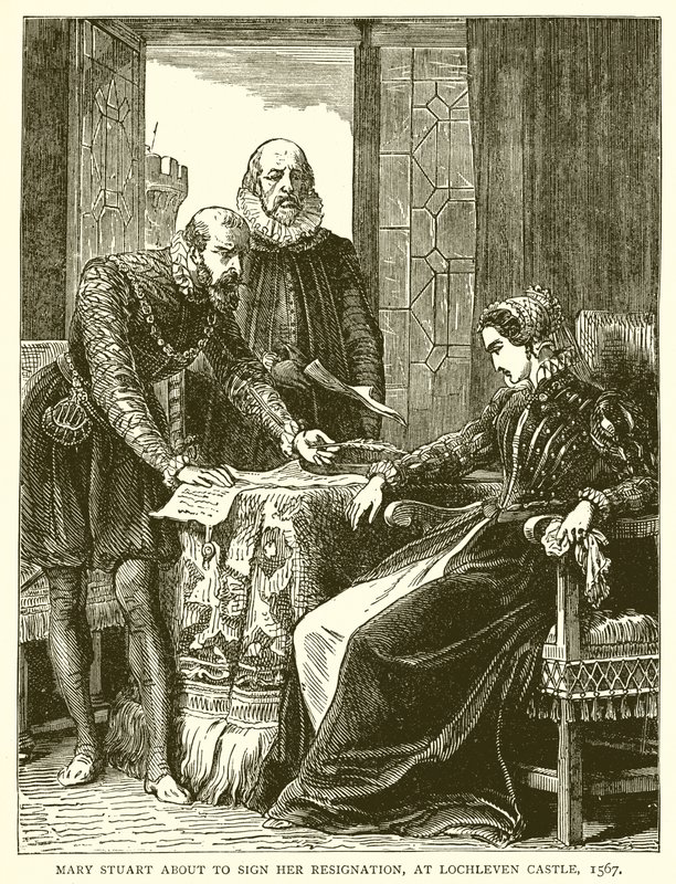 Maria Stuart unterschreibt ihre Abdankung auf Schloss Lochleven, 1567 von English School