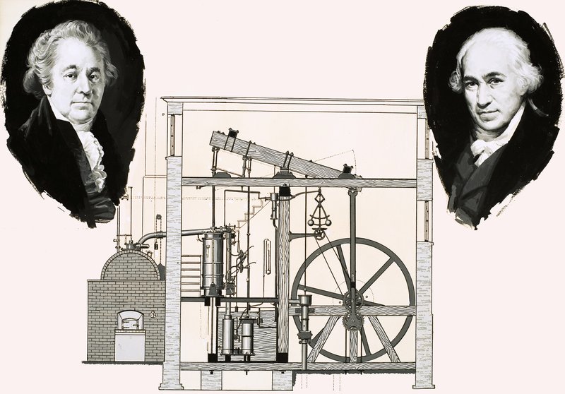 Matthew Boulton und James Watt mit einer der patentierten Dampfmaschinen von English School