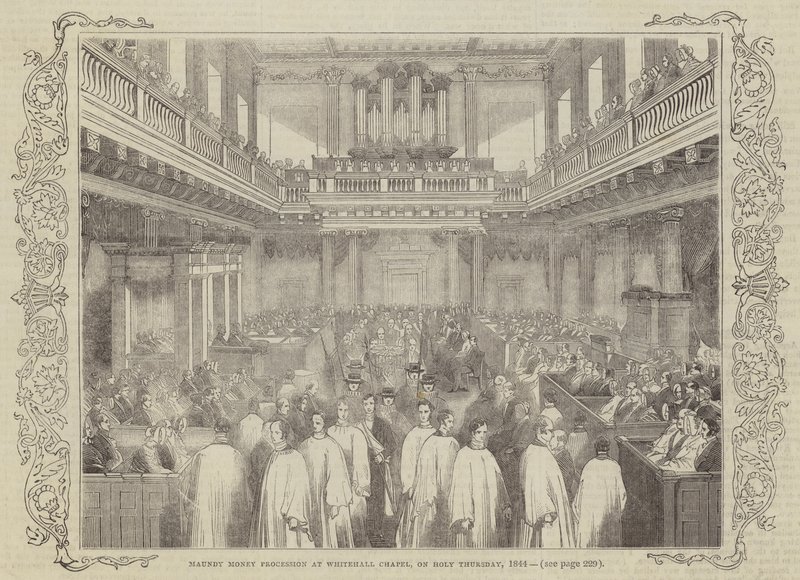Maundy-Geldprozession in der Whitehall-Kapelle am Gründonnerstag, 1844 von English School