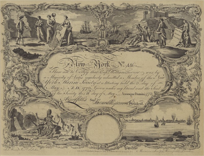Mitgliedszertifikat der New York Marine Society, 1773 von English School