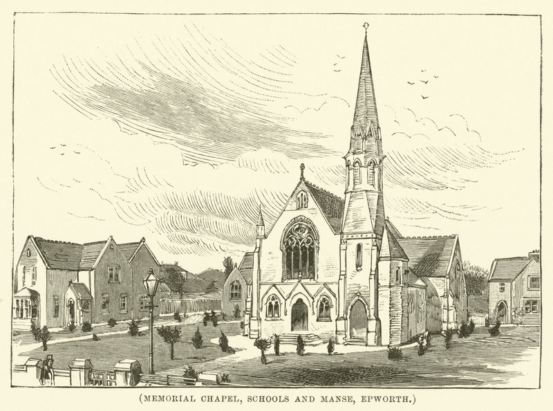 Gedenkkapelle, Schulen und Pfarrhaus, Epworth (Gravur) von English School