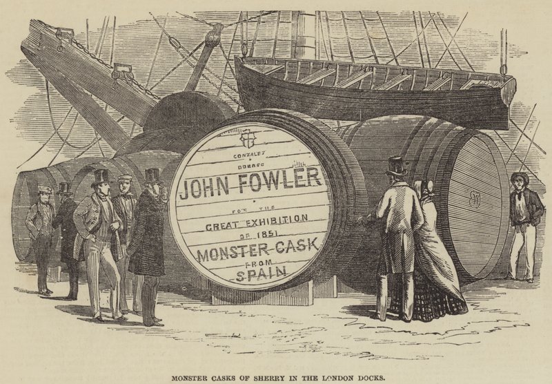 Riesige Sherryfässer in den Londoner Docks (Stich) von English School