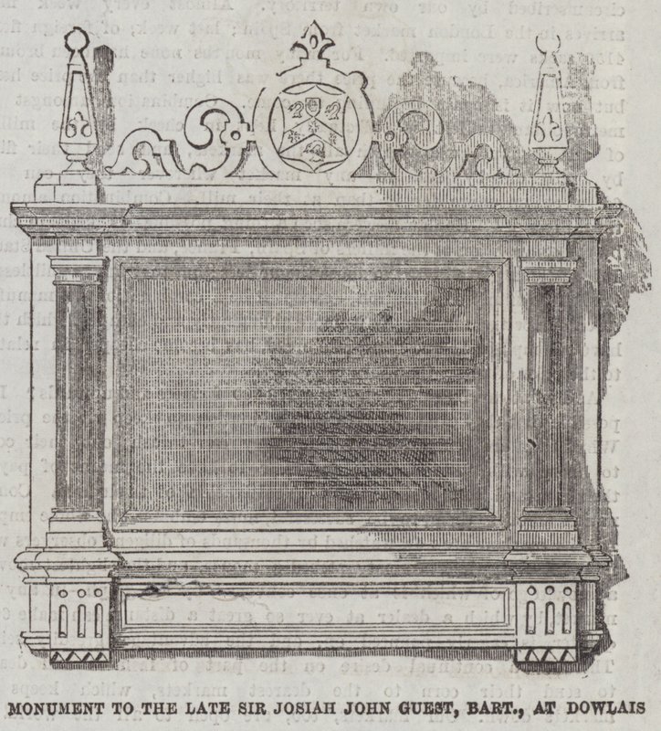 Denkmal für den verstorbenen Sir Josiah John Guest, Baronet, in Dowlais (Gravur) von English School
