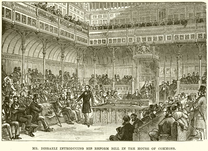 Mr. Disraeli stellt seinen Reformgesetzentwurf im Unterhaus vor von English School
