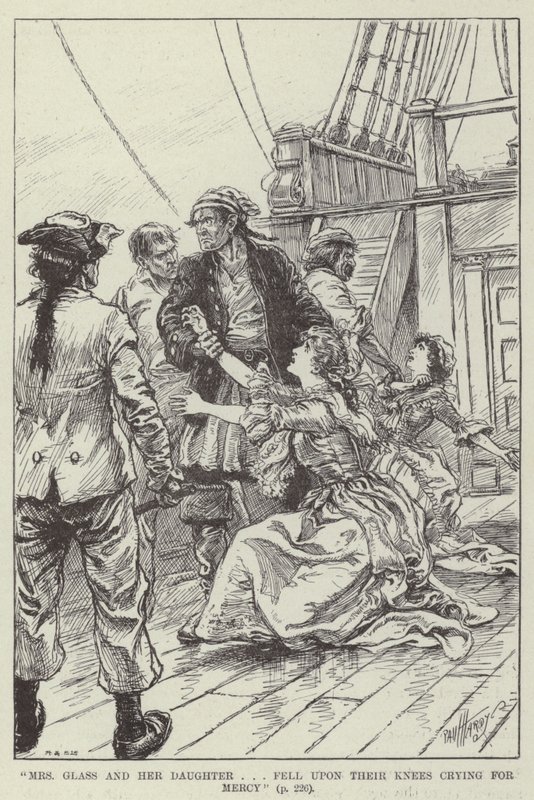 "Mrs. Glass und ihre Tochter ... fielen auf die Knie und baten um Gnade" (Gravur) von English School