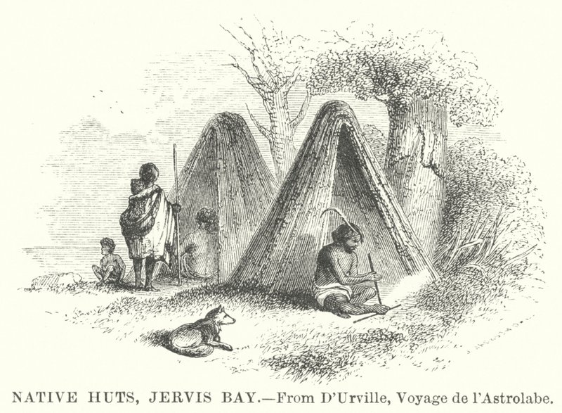 Eingeborenenhütten, Jervis Bay (Gravur) von English School