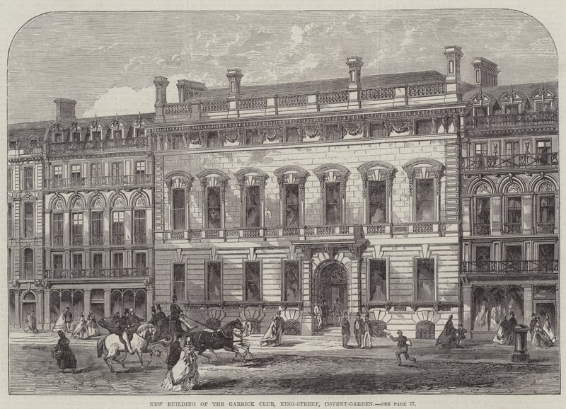 Neubau des Garrick Club, King-Street, Covent-Garden (Gravur) von English School