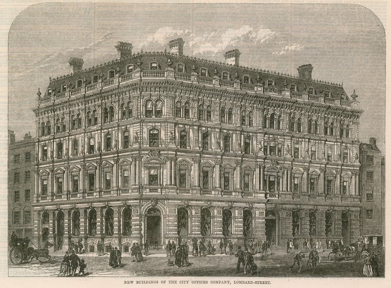 Neue Gebäude der City Offices Company, Lombard Street, London von English School