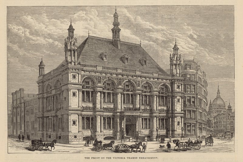 Neue Gebäude der City of London School: Die Front am Victoria Thames Embankment von English School