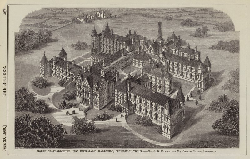 North Staffordshire New Infirmary, Hartshill, Stoke-upon-Trent, Mr. G. B. Nichols und Mr. Charles Lynam, Architekten (Gravur) von English School