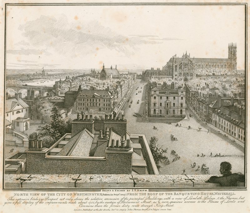 Nordansicht von Westminster vom Dach des Banketthauses, Whitehall von English School