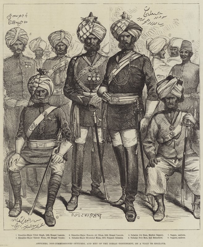 Offiziere, Unteroffiziere und Männer des indischen Kontingents auf Besuch in England (Stich) von English School