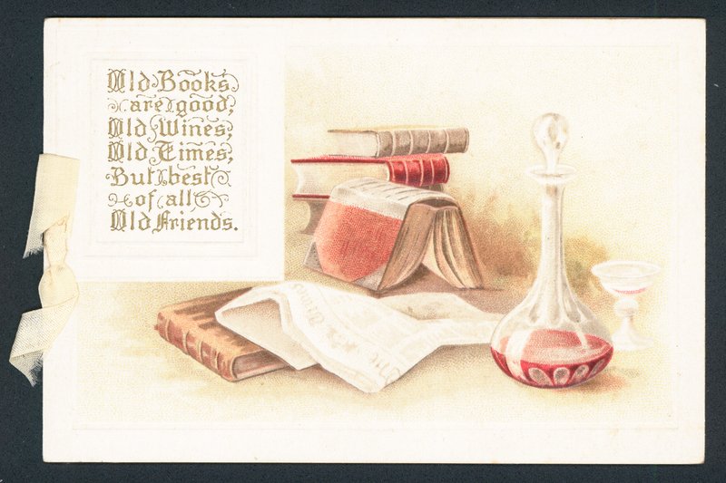 Alte Bücher und Weinkaraffe, Weihnachtskarte von English School