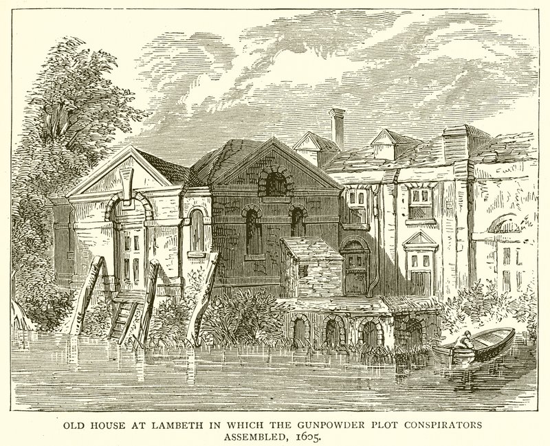 Altes Haus in Lambeth, in dem sich die Verschwörer des Pulverfass-Komplotts versammelten, 1605 von English School