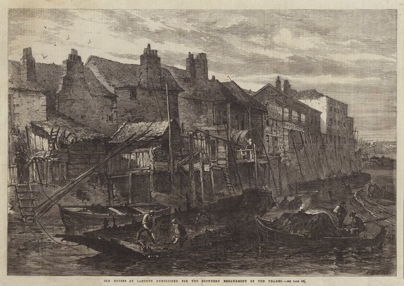 Alte Häuser in Lambeth, abgerissen für das südliche Ufer der Themse (Stich) von English School