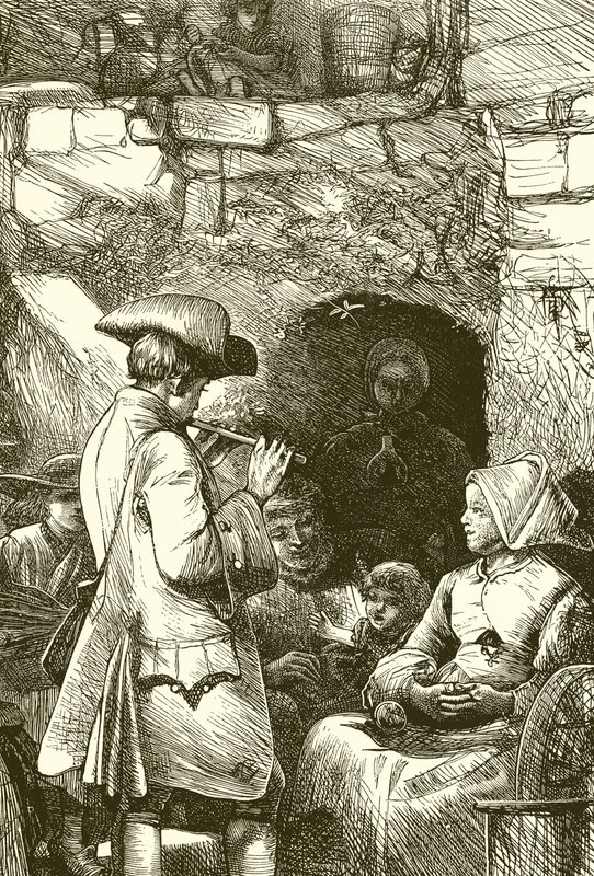 Oliver Goldsmith spielt für seine Nachtunterkunft von English School