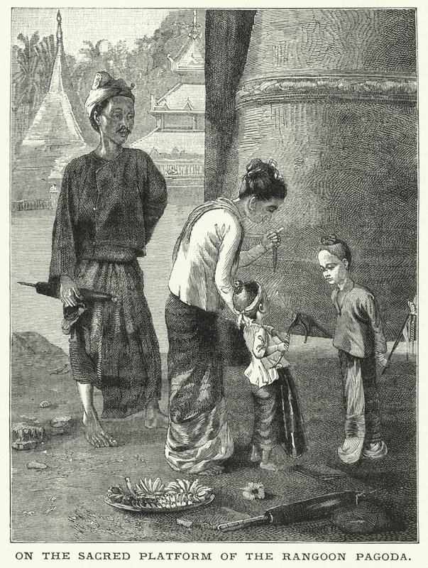 Auf der heiligen Plattform der Pagode von Rangoon (Stich) von English School