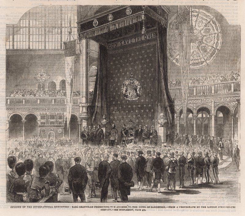 Eröffnung der Internationalen Ausstellung; Earl Granville überreicht die Adresse an den Herzog von Cambridge von English School