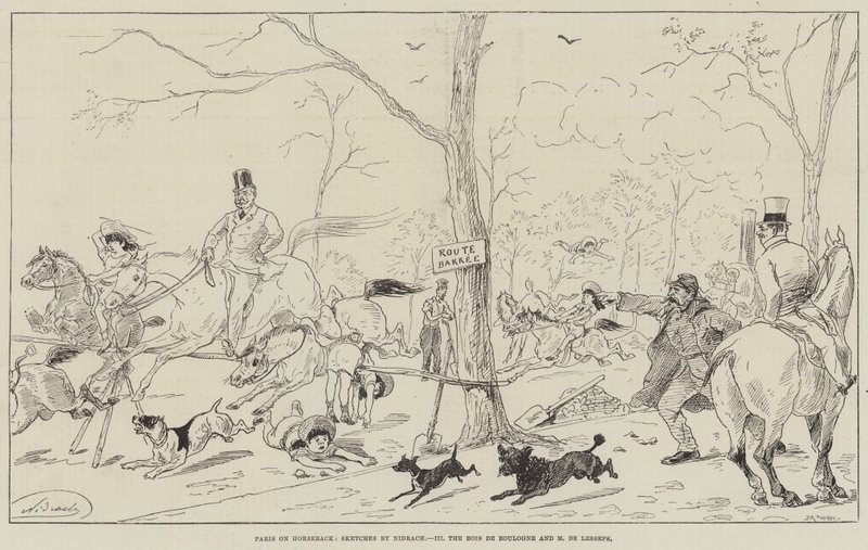 Paris zu Pferd, der Bois de Boulogne und M de Lesseps (Gravur) von English School
