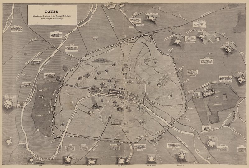 Paris, Darstellung der Positionen der wichtigsten Gebäude, Forts, Dörfer und Eisenbahnen (Stich) von English School