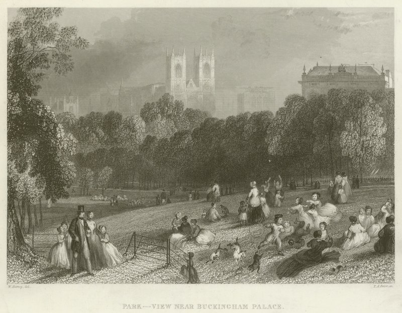 Park, Blick nahe Buckingham Palace (Gravur) von English School