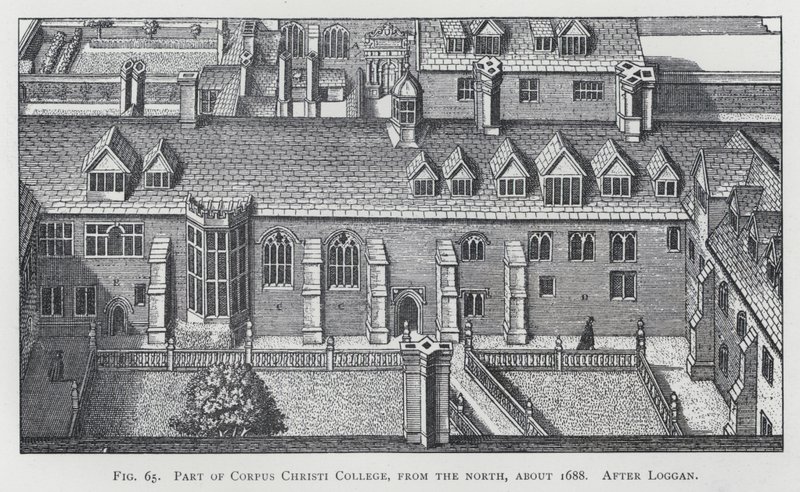 Teil des Corpus Christi College, von Norden, um 1688, nach Loggan (Gravur) von English School
