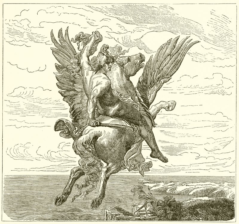Perseus auf dem geflügelten Pferd Pegasus mit dem Kopf der Medusa von English School