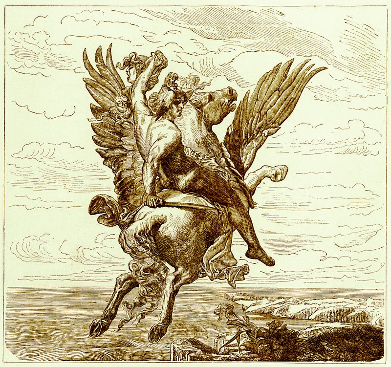 Perseus auf dem geflügelten Pferd Pegasus mit dem Kopf der Medusa, Illustration aus Die illustrierte Geschichte der Welt, veröffentlicht um 1880 von English School