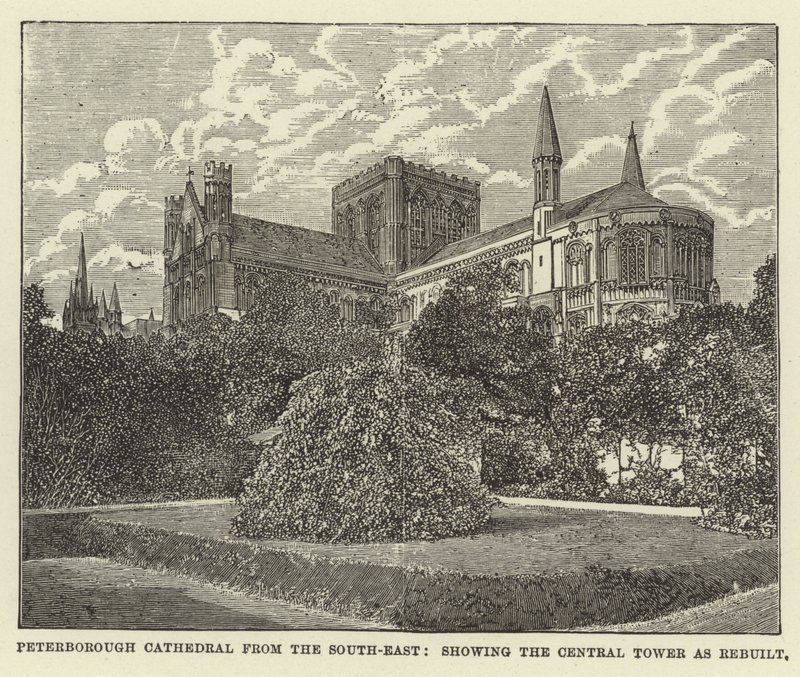 Peterborough Kathedrale von Südosten, zeigt den wiederaufgebauten zentralen Turm von English School