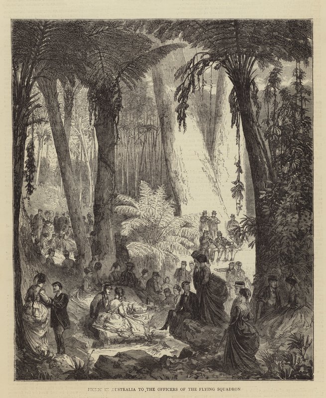 Picknick in Australien für die Offiziere des Fliegenden Geschwaders (Gravur) von English School