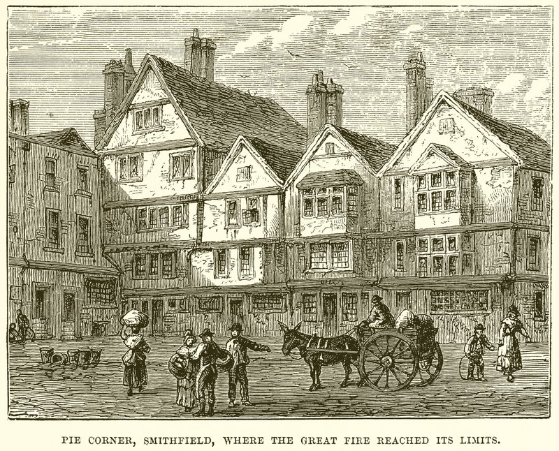 Pie Corner, Smithfield, wo das Große Feuer seine Grenzen erreichte von English School